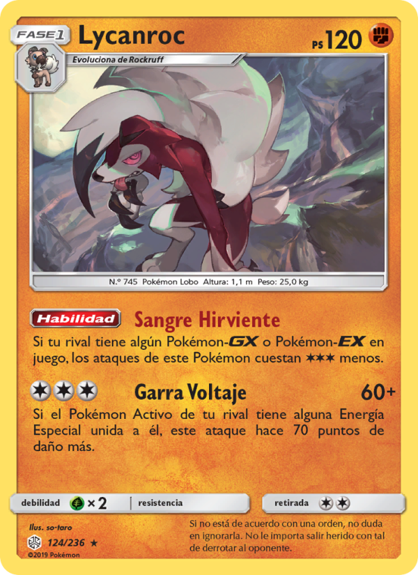 Lycanroc 124 — Eclipse Cósmico (Spanish Pokémon TCG card)