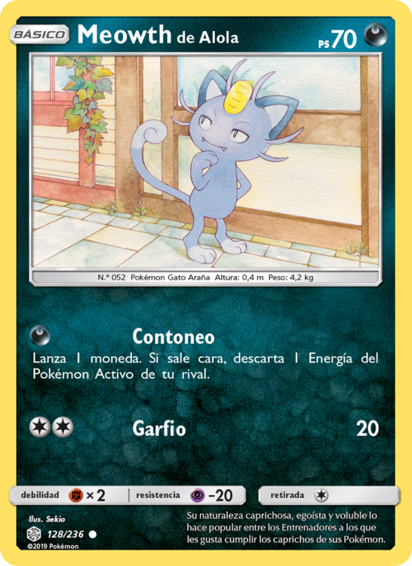 Meowth de Alola 128 — Eclipse Cósmico (Spanish Pokémon TCG card)