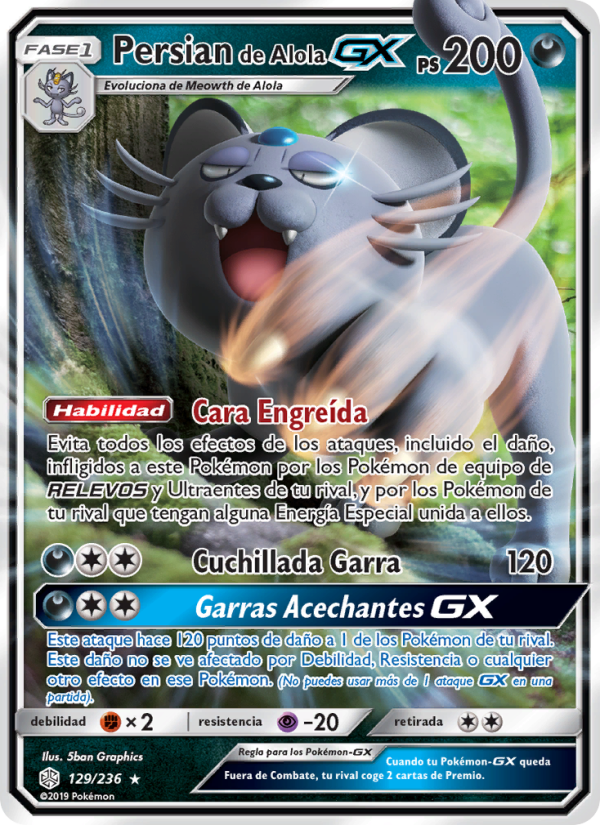 Persian de Alola GX 129 — Eclipse Cósmico (Spanish Pokémon TCG card)