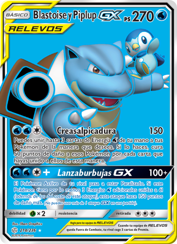 Blastoise y Piplup GX 214 — Eclipse Cósmico (Spanish Pokémon TCG card)