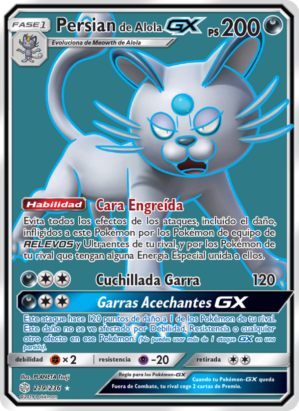 Persian de Alola GX 219 — Eclipse Cósmico (Spanish Pokémon TCG card)