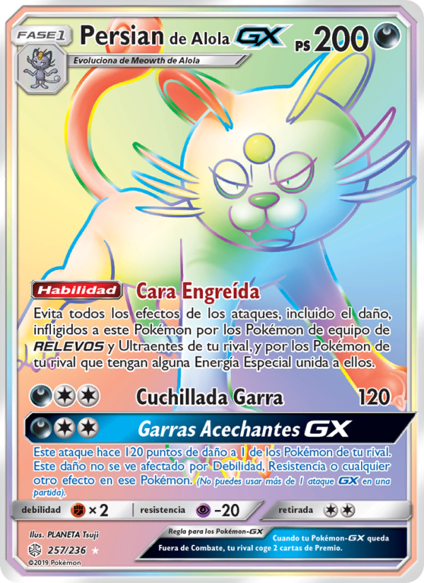 Persian de Alola GX 257 — Eclipse Cósmico (Spanish Pokémon TCG card)