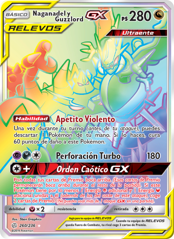 Naganadel y Guzzlord GX 260 — Eclipse Cósmico (Spanish Pokémon TCG card)