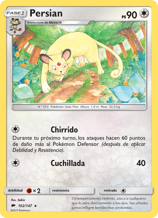 Persian 102 — Sombras Ardientes (Spanish Pokémon TCG card)