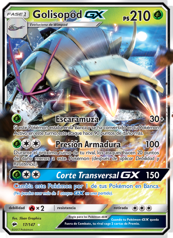 Golisopod GX 17 — Sombras Ardientes (Spanish Pokémon TCG card)