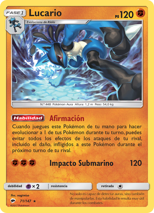 Lucario 71 — Sombras Ardientes (Spanish Pokémon TCG card)