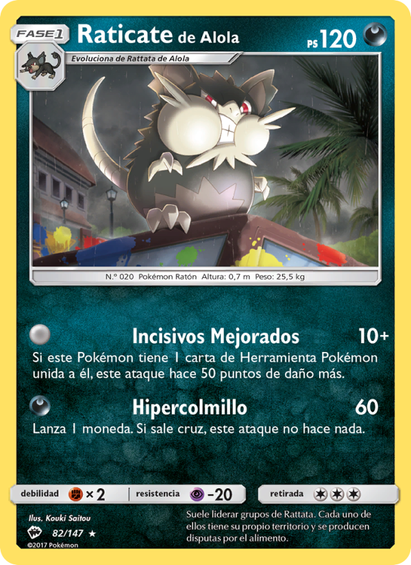 Raticate de Alola 82 — Sombras Ardientes (Spanish Pokémon TCG card)