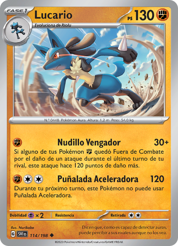 Lucario 114 — Escarlata y Púrpura (Spanish Pokémon TCG card)