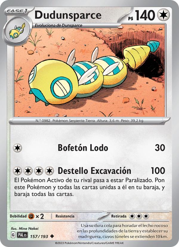 Dudunsparce 157 — Evoluciones en Paldea (Spanish Pokémon TCG card)