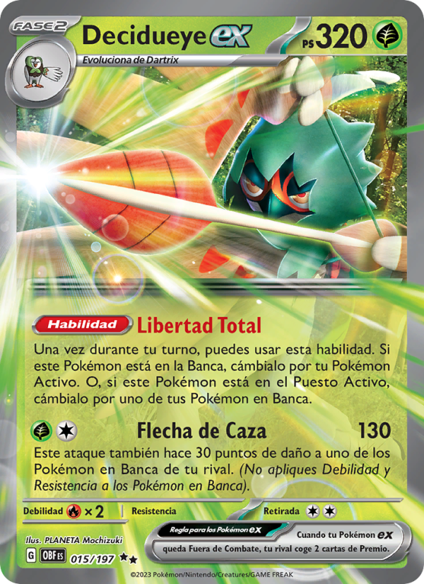 Decidueye ex 015 — Llamas Obsidianas (Spanish Pokémon TCG card)