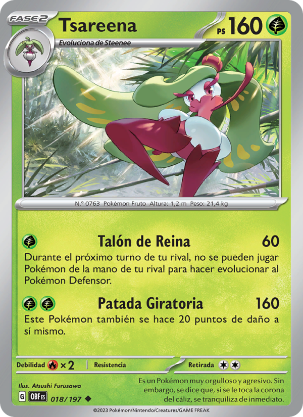 Tsareena 018 — Llamas Obsidianas (Spanish Pokémon TCG card)