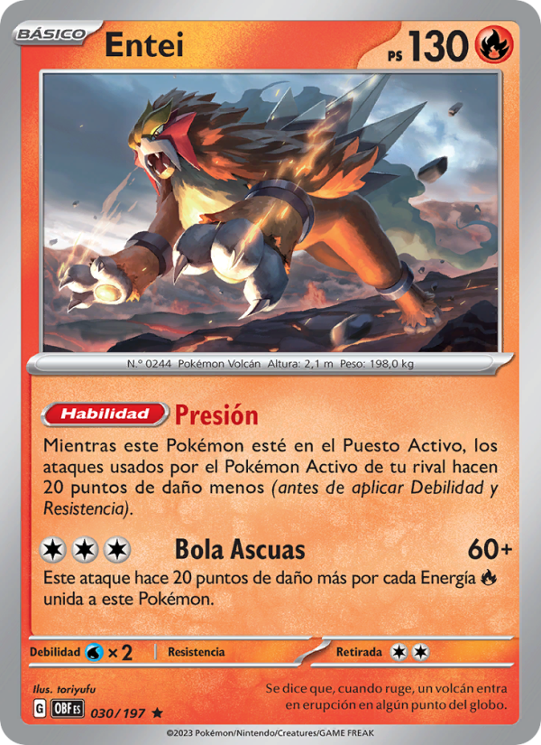 Entei 030 — Llamas Obsidianas (Spanish Pokémon TCG card)