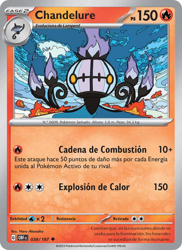 Chandelure 038 — Llamas Obsidianas (Spanish Pokémon TCG card)