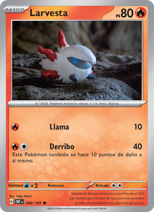 Larvesta 040 — Llamas Obsidianas (Spanish Pokémon TCG card)