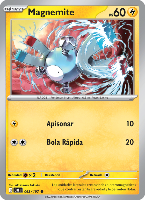 Magnemite 063 — Llamas Obsidianas (Spanish Pokémon TCG card)