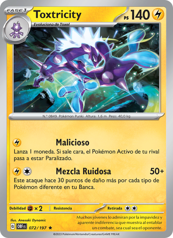 Toxtricity 072 — Llamas Obsidianas (Spanish Pokémon TCG card)