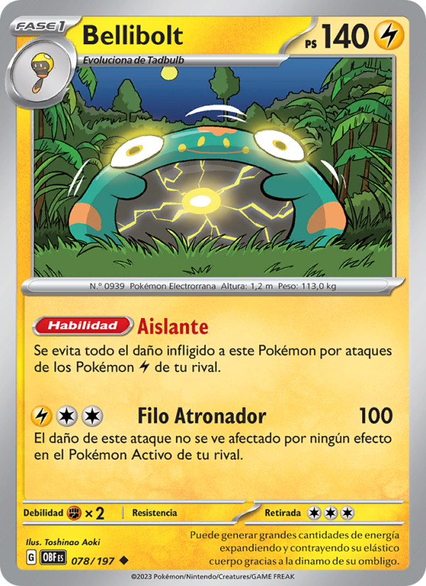 Bellibolt 078 — Llamas Obsidianas (Spanish Pokémon TCG card)