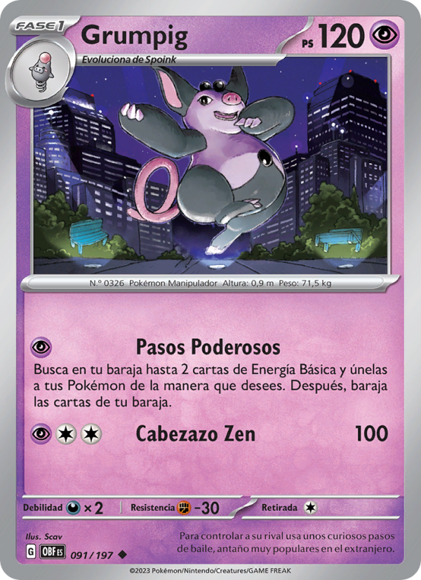 Grumpig 091 — Llamas Obsidianas (Spanish Pokémon TCG card)