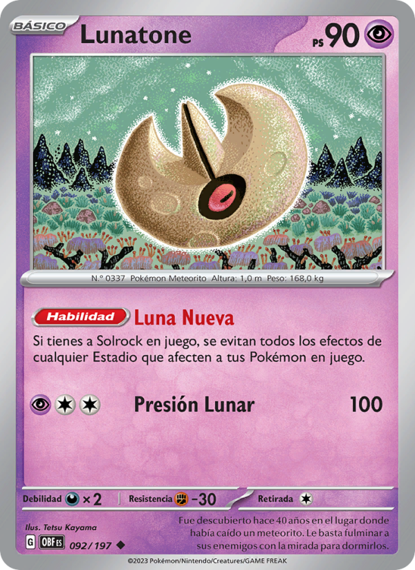 Lunatone 092 — Llamas Obsidianas (Spanish Pokémon TCG card)