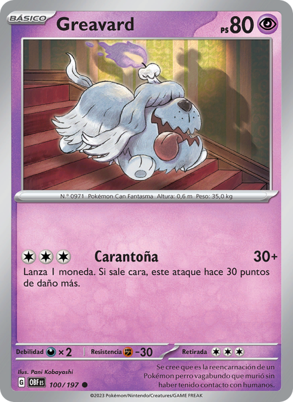 Greavard 100 — Llamas Obsidianas (Spanish Pokémon TCG card)