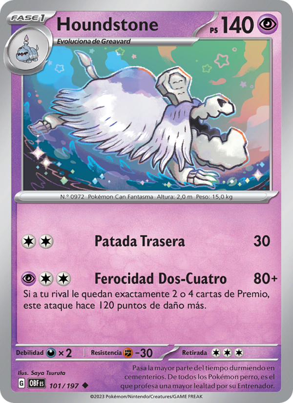 Houndstone 101 — Llamas Obsidianas (Spanish Pokémon TCG card)