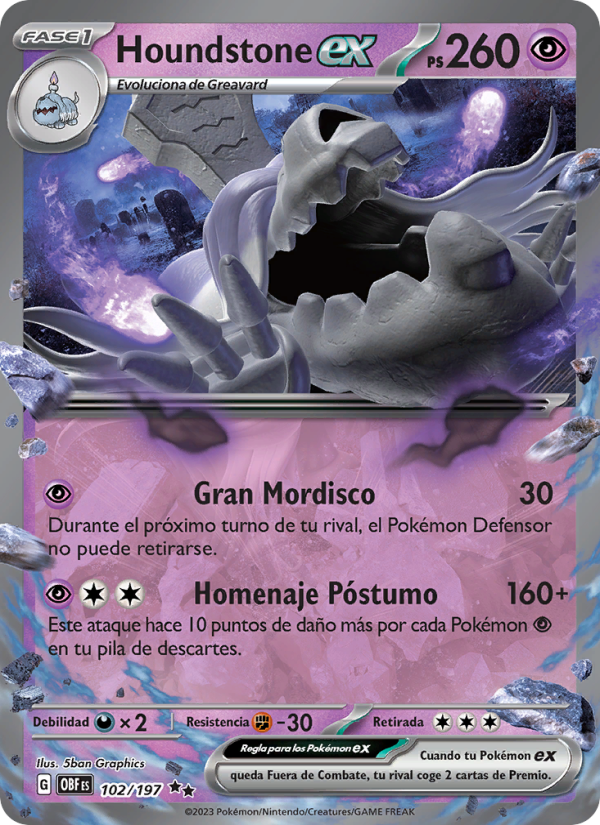 Houndstone ex 102 — Llamas Obsidianas (Spanish Pokémon TCG card)