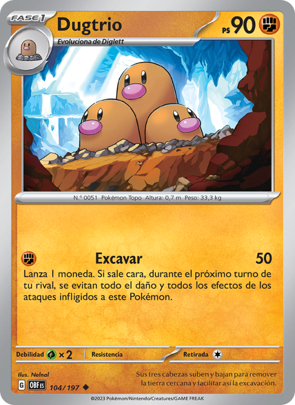 Dugtrio 104 — Llamas Obsidianas (Spanish Pokémon TCG card)