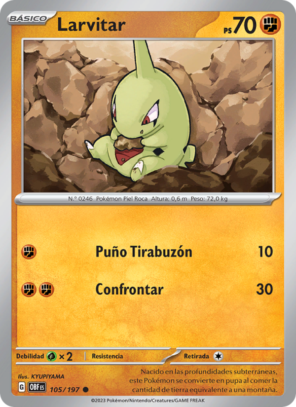 Larvitar 105 — Llamas Obsidianas (Spanish Pokémon TCG card)