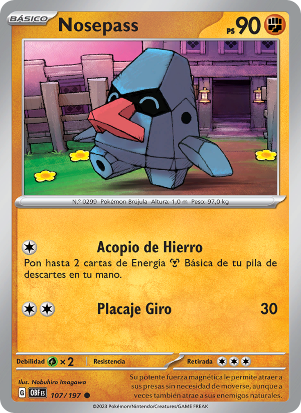Nosepass 107 — Llamas Obsidianas (Spanish Pokémon TCG card)