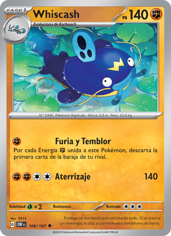 Whiscash 109 — Llamas Obsidianas (Spanish Pokémon TCG card)