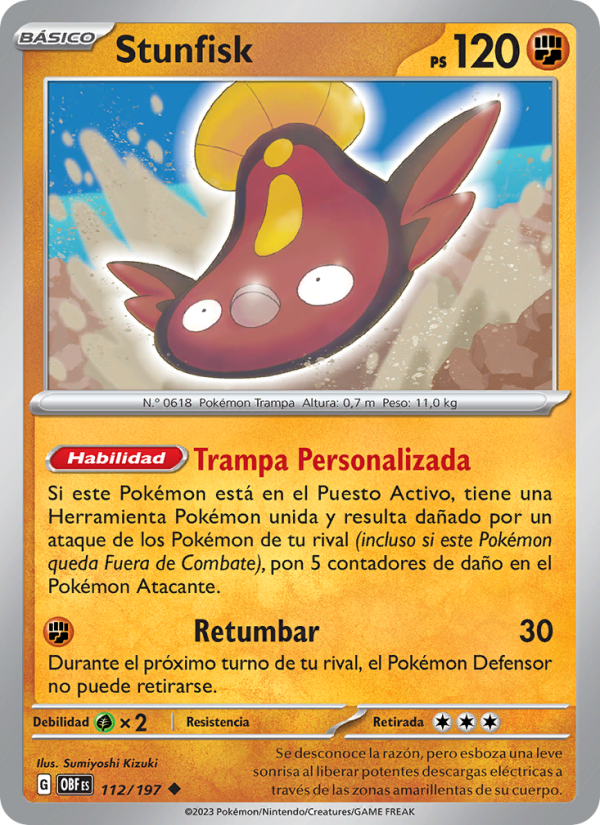 Stunfisk 112 — Llamas Obsidianas (Spanish Pokémon TCG card)