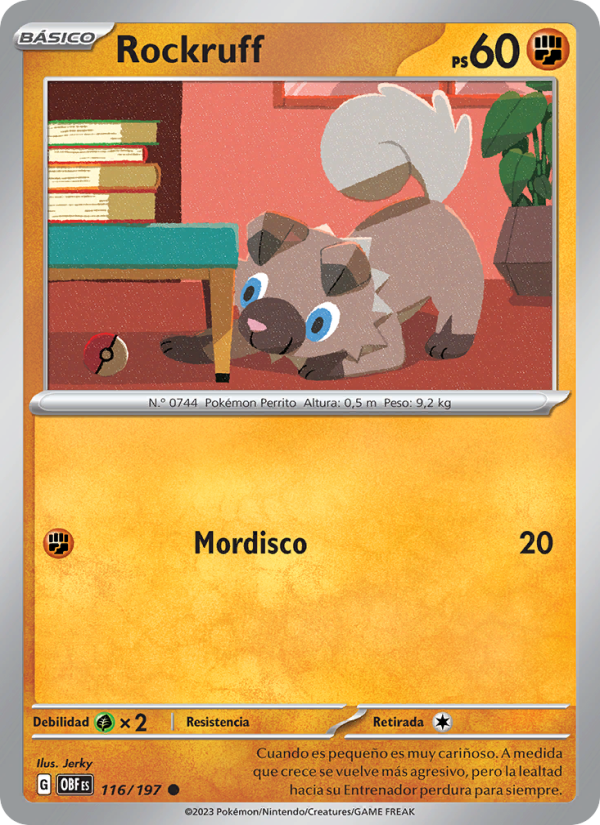 Rockruff 116 — Llamas Obsidianas (Spanish Pokémon TCG card)