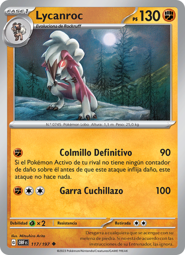 Lycanroc 117 — Llamas Obsidianas (Spanish Pokémon TCG card)