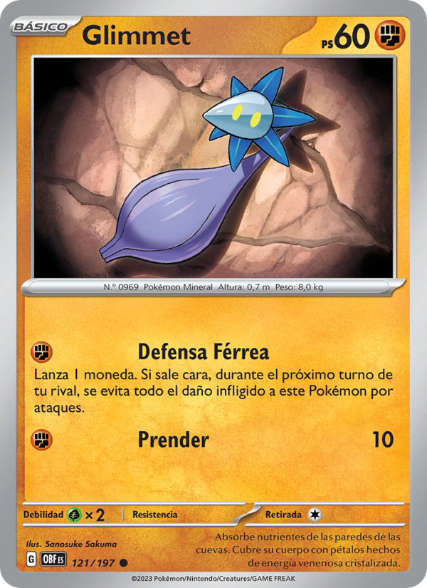Glimmet 121 — Llamas Obsidianas (Spanish Pokémon TCG card)