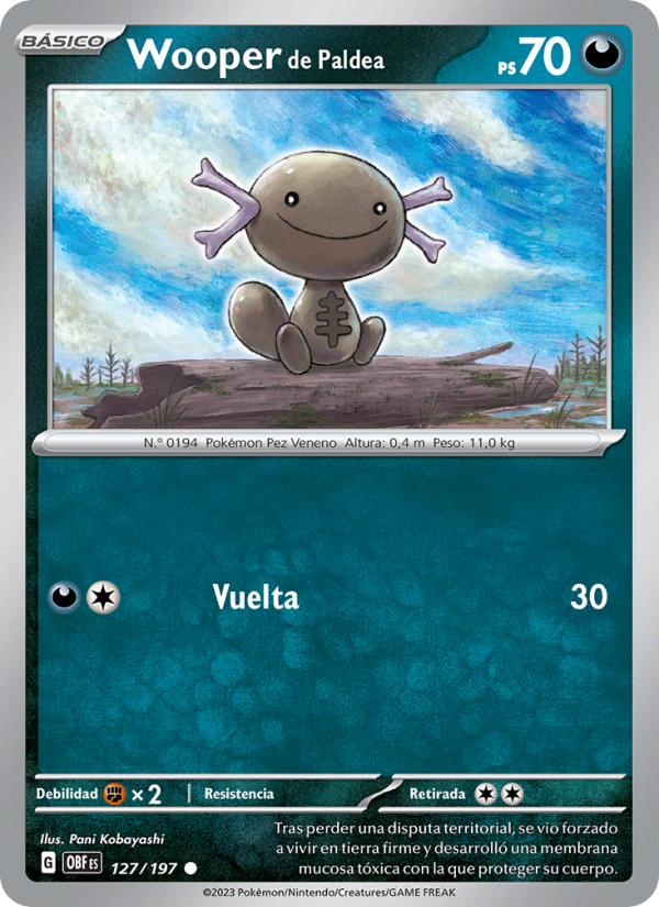 Wooper de Paldea 127 — Llamas Obsidianas (Spanish Pokémon TCG card)