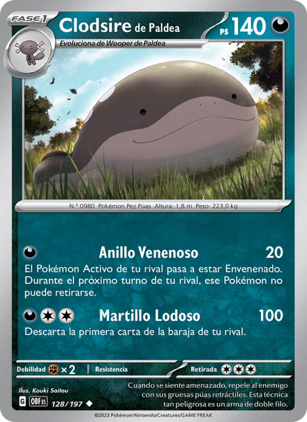 Clodsire de Paldea 128 — Llamas Obsidianas (Spanish Pokémon TCG card)
