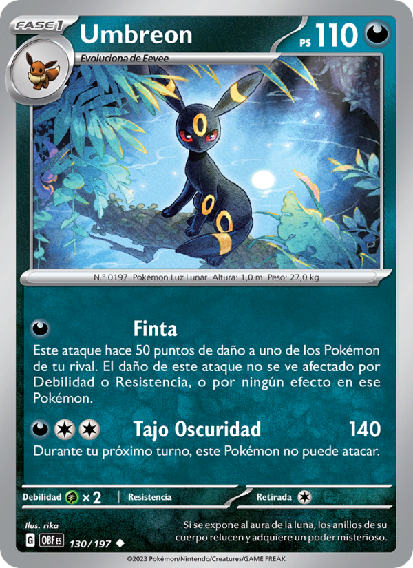 Umbreon 130 — Llamas Obsidianas (Spanish Pokémon TCG card)
