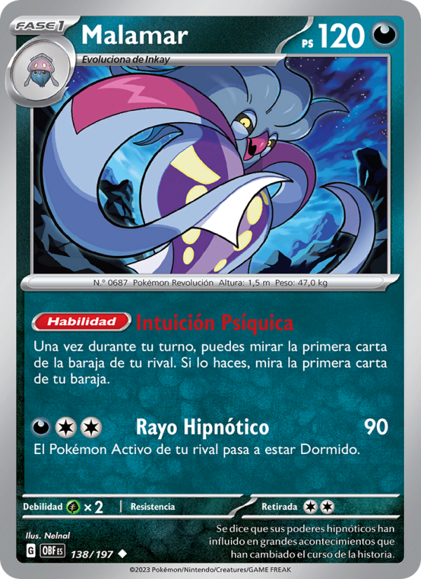 Malamar 138 — Llamas Obsidianas (Spanish Pokémon TCG card)