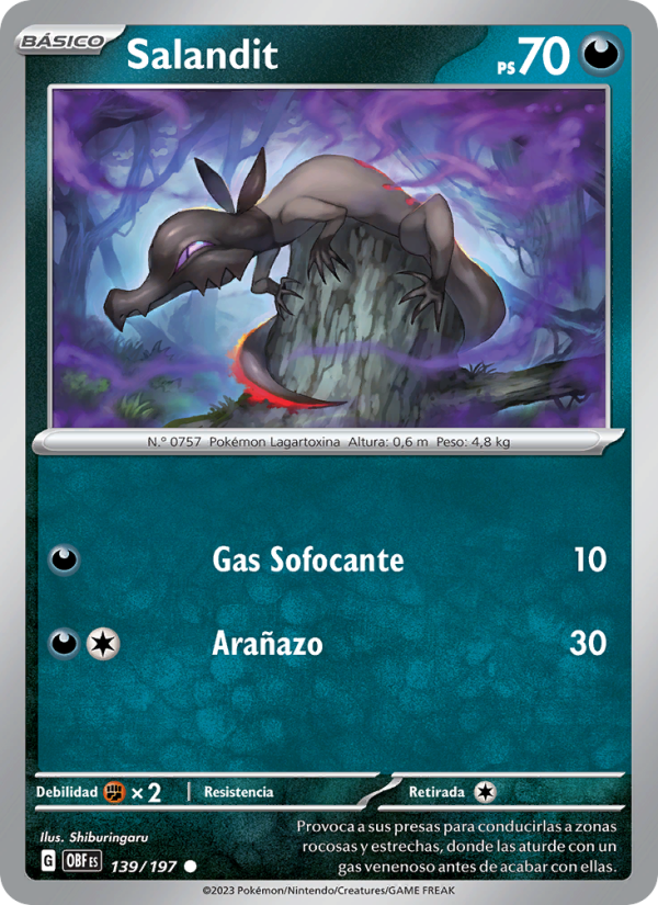 Salandit 139 — Llamas Obsidianas (Spanish Pokémon TCG card)
