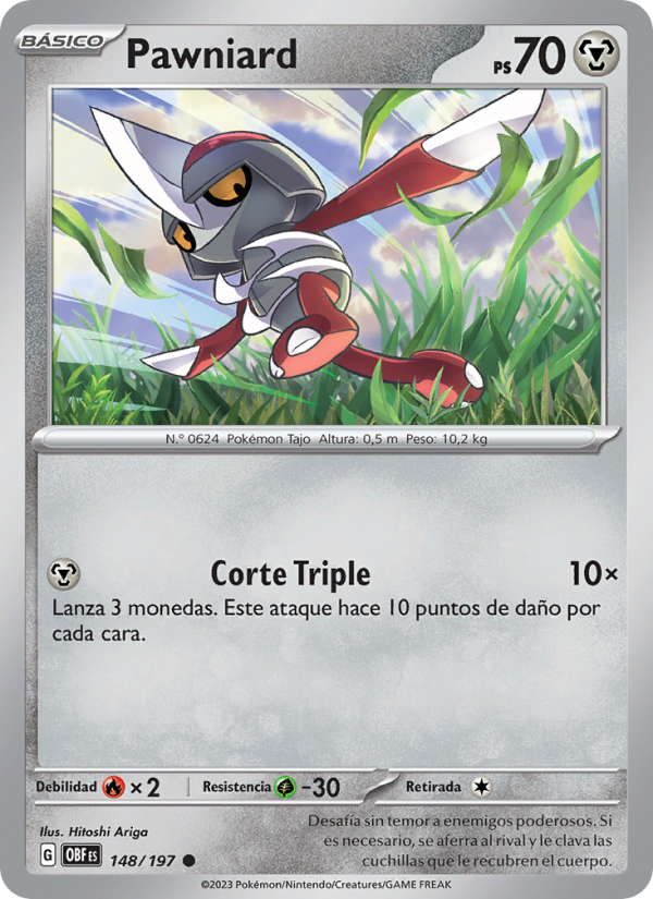 Pawniard 148 — Llamas Obsidianas (Spanish Pokémon TCG card)