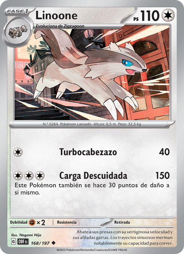Linoone 168 — Llamas Obsidianas (Spanish Pokémon TCG card)