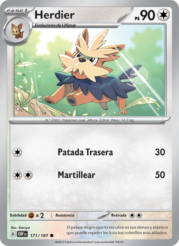 Herdier 171 — Llamas Obsidianas (Spanish Pokémon TCG card)