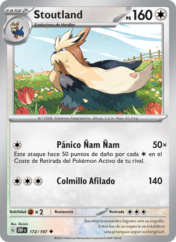 Stoutland 172 — Llamas Obsidianas (Spanish Pokémon TCG card)