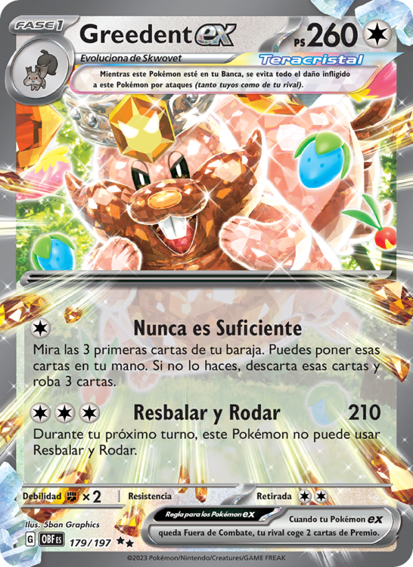 Greedent ex 179 — Llamas Obsidianas (Spanish Pokémon TCG card)