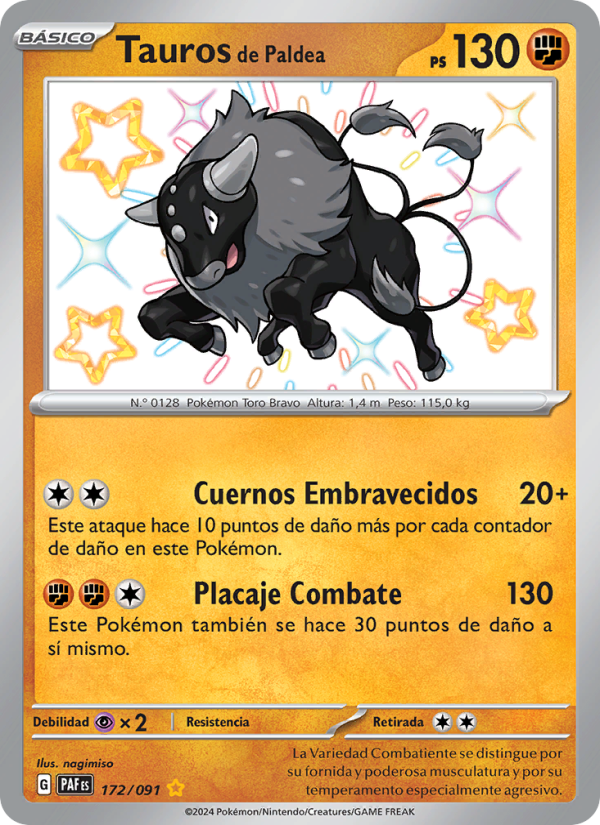 Tauros de Paldea 172 — Destinos de Paldea (Spanish Pokémon TCG card)