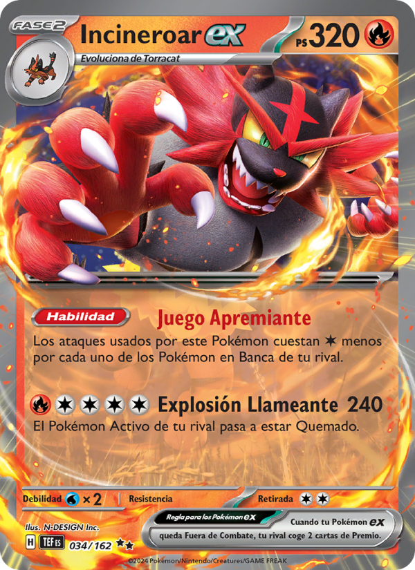 Incineroar ex 034 — Fuerzas Temporales (Spanish Pokémon TCG card)