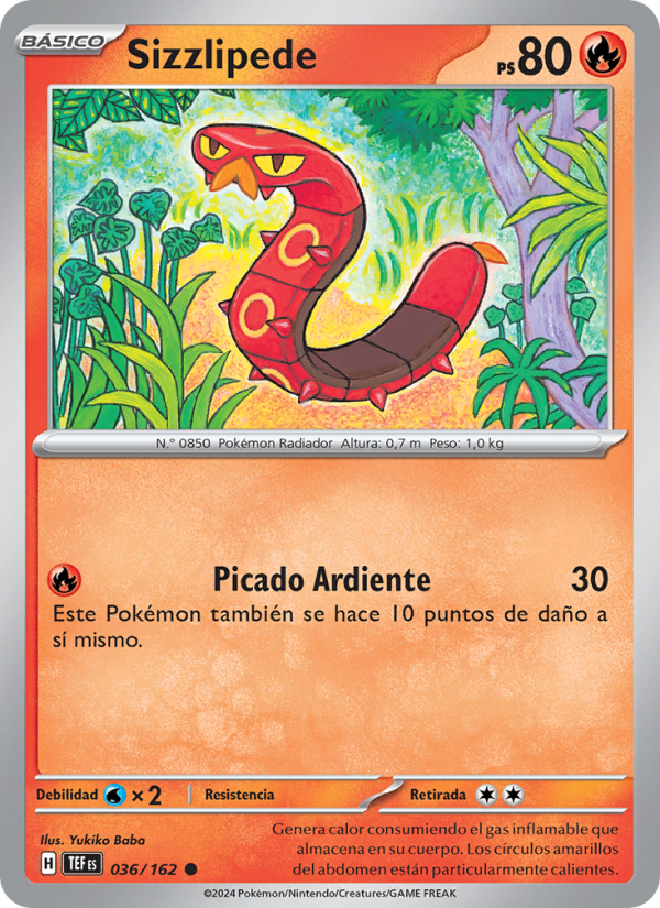 Sizzlipede 036 — Fuerzas Temporales (Spanish Pokémon TCG card)