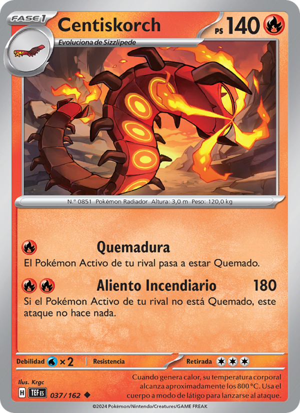 Centiskorch 037 — Fuerzas Temporales (Spanish Pokémon TCG card)
