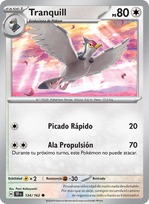 Tranquill 134 — Fuerzas Temporales (Spanish Pokémon TCG card)