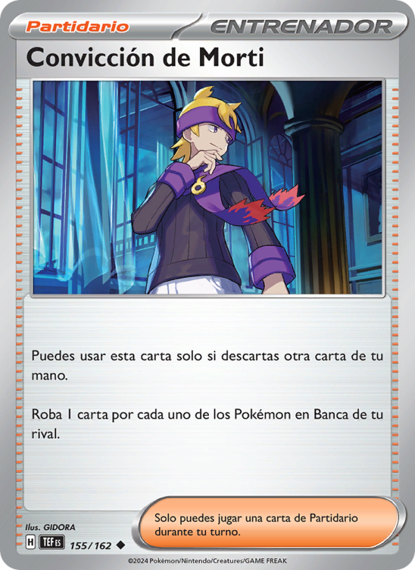 Convicción de Morti 155 — Fuerzas Temporales (Spanish Pokémon TCG card)